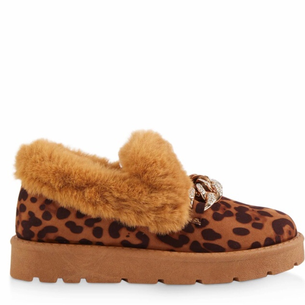 Animal Print Faux Fur Slip On Moccasins with chain detail, Women's, New - Picture 3 of 13